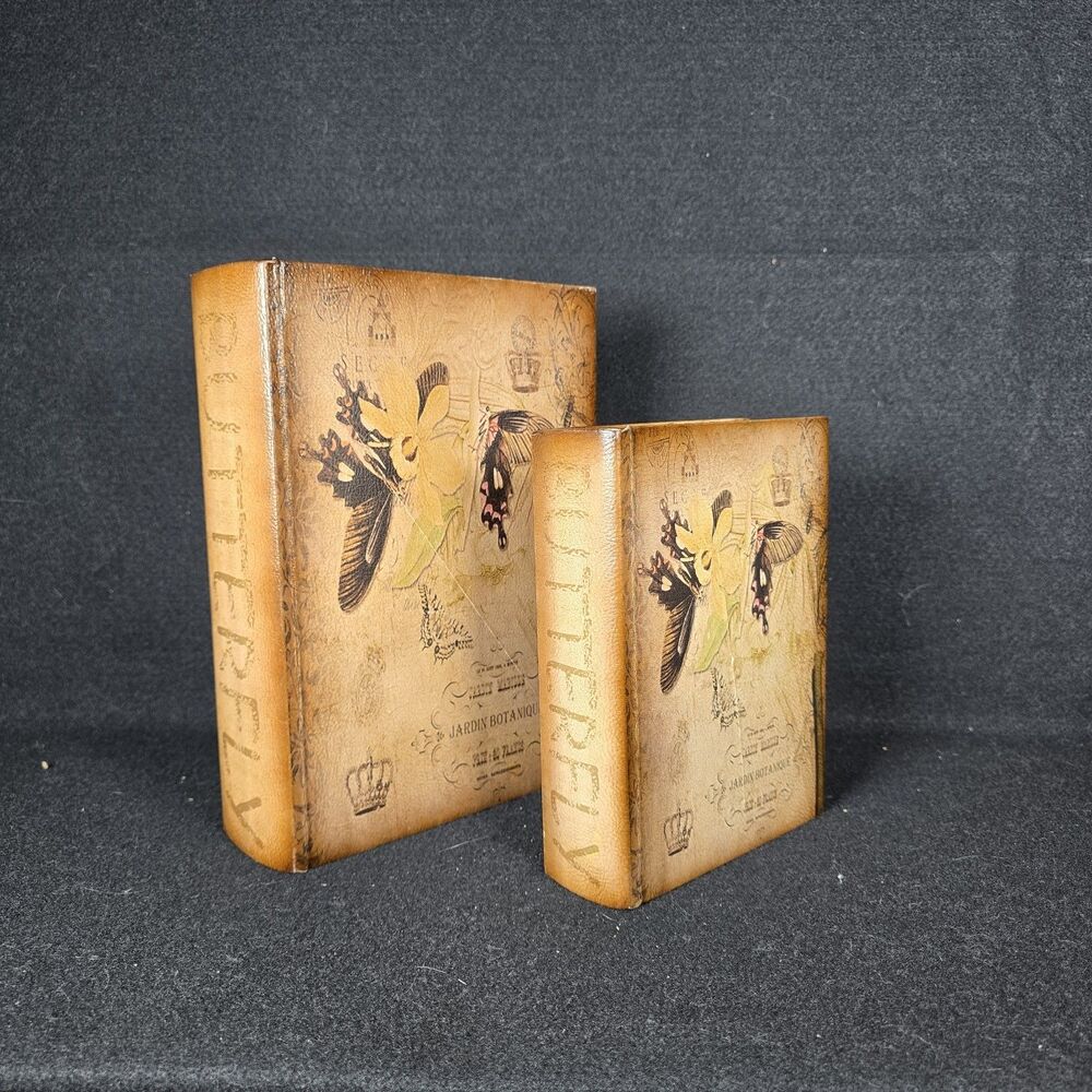 Set Of 2 Decorative Faux Book Box Hidden Storage Butterfly Botanical Nesting Box